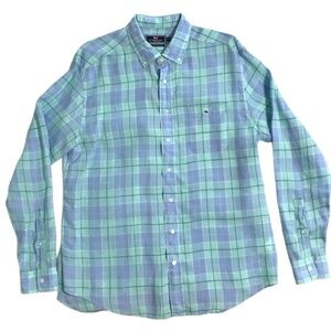 Vineyard Vines Men's Ocean Bay Plaid Blue Fin Linen Long Sleeve Shirt - Size XL